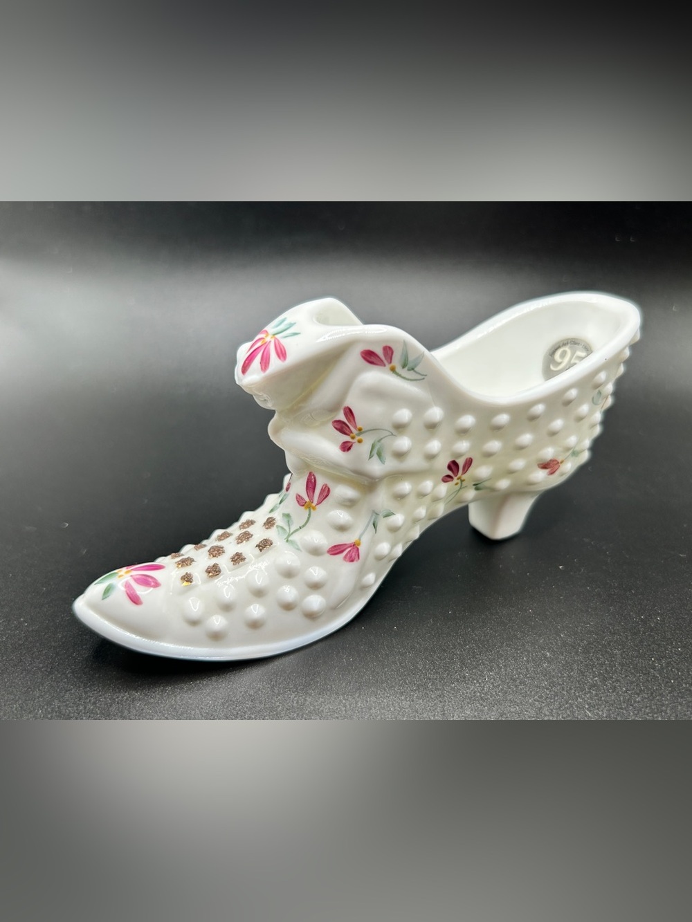 FENTON 95th Anniversary Milk Glass Hobnail Cat Head Victorian Hand Painted Shoe